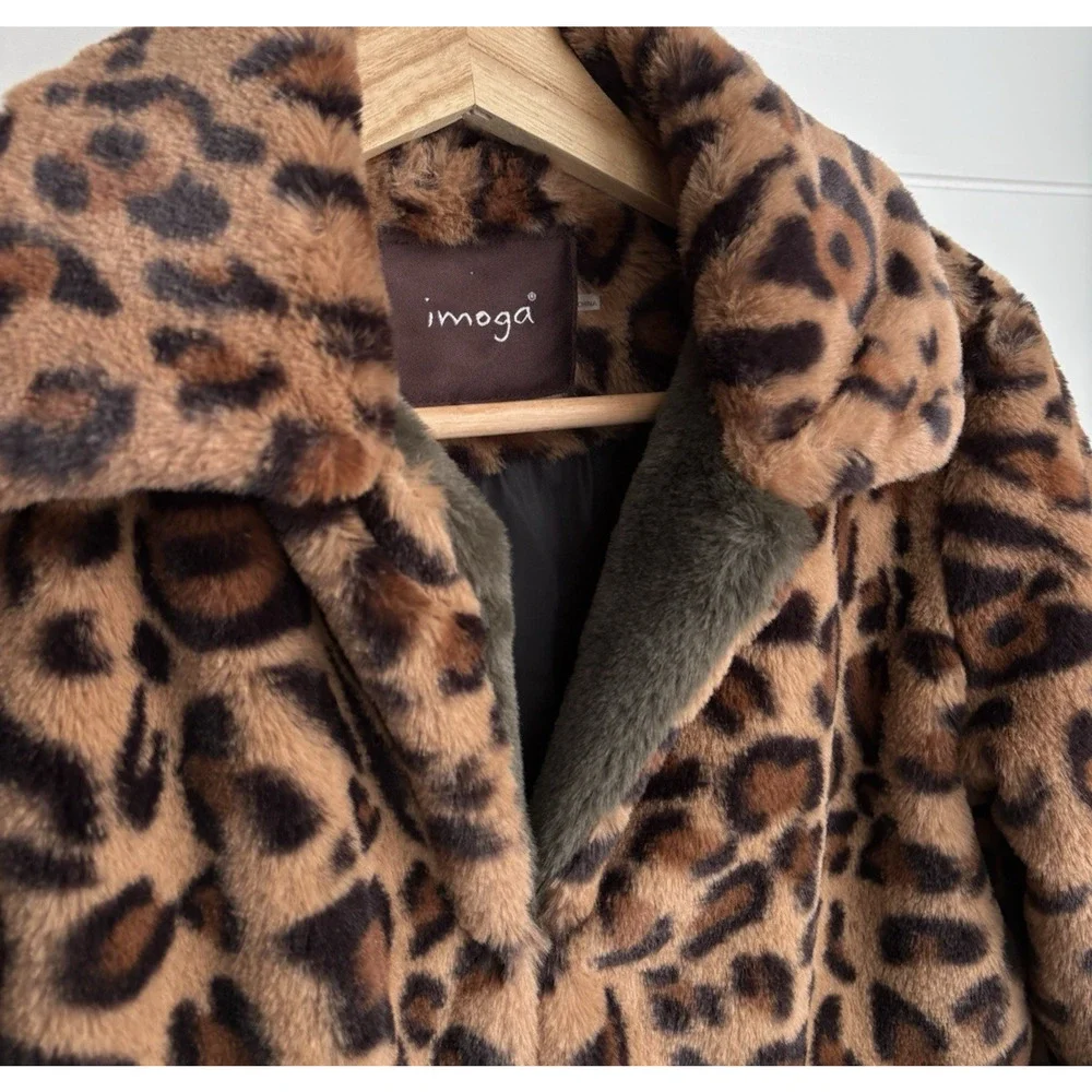 IMOGA Emma Leopard Faux Fur Coat Girls Size 10 Animal Print Jacket Red Trim